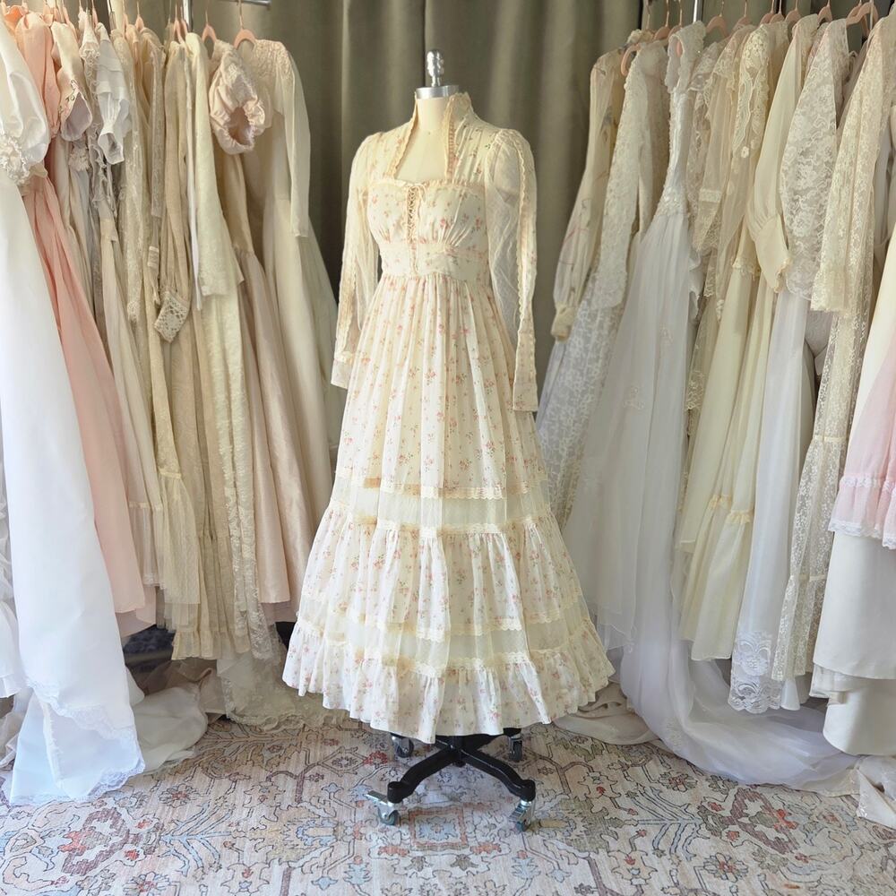 Gunne Sax Floral Maxi Dress Size S 7 Corset Pink Prairie Vintage 70s Lace Fairy